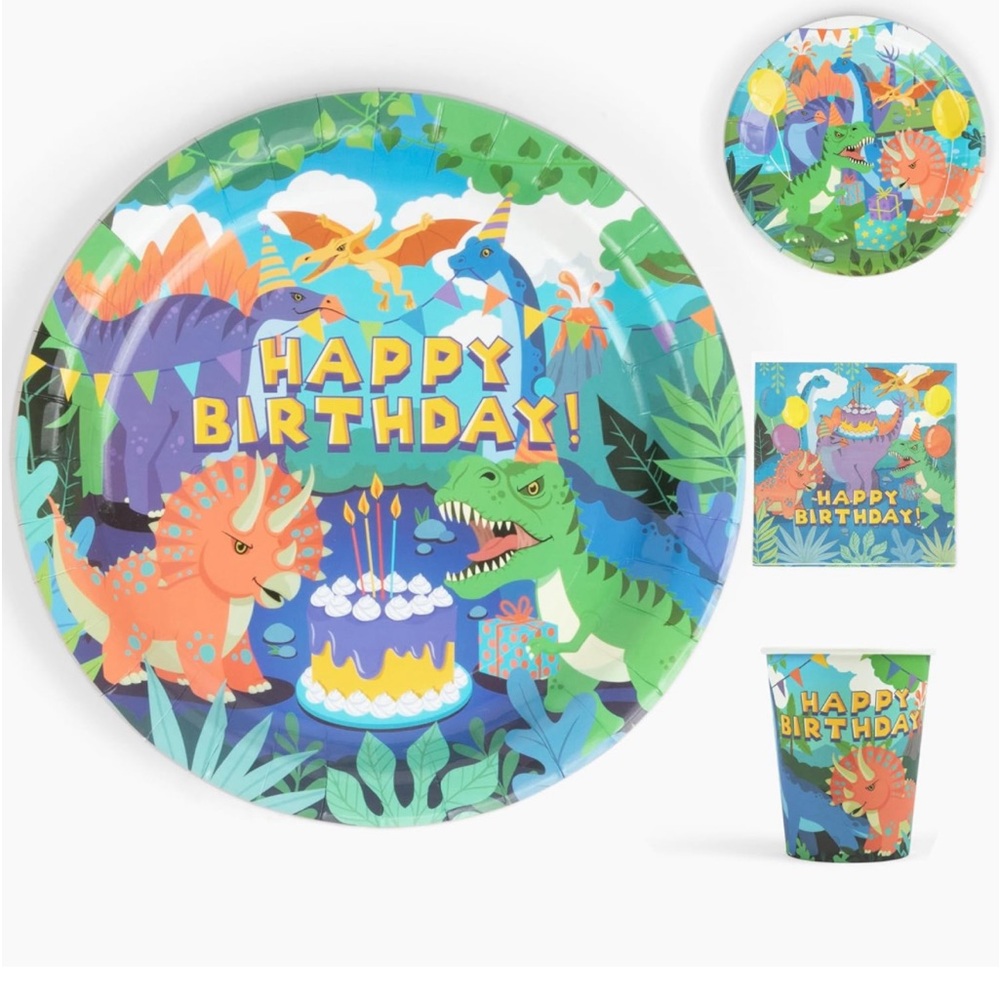 All In One🦖Dinosaur🦕Themed Party🥳Set4 Boys👦🏻orGirls👧🏻96pc Set For24Guests